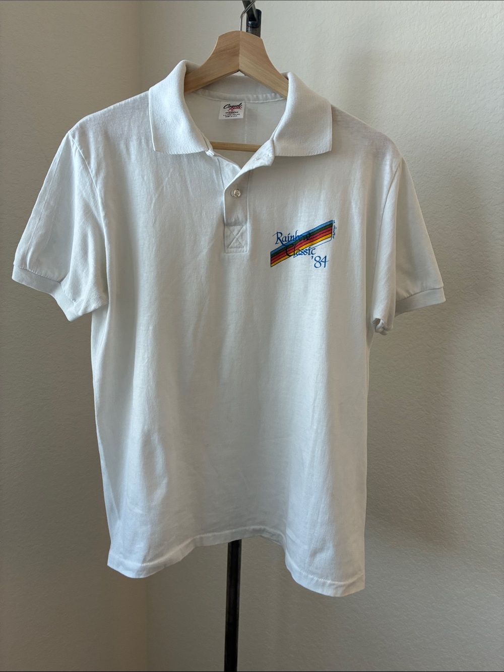 Vintage 80s sz L Rainbow Classic 1984 Polo Style White Knits by Stedman